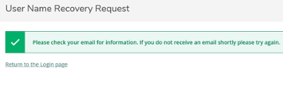 screenshot of confirmation message, user name recovery request.